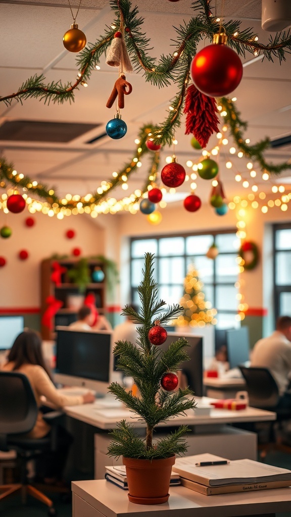 A festive office decorated for Christmas with lights, ornaments, and a small tree.